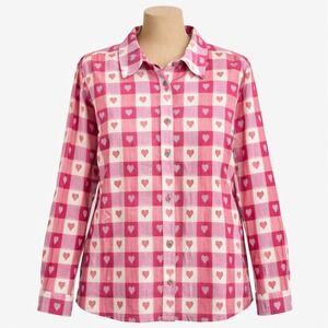 Blair Heart Checkered Button Top Size L Pink Red Long Sleeve Love Cottagecore